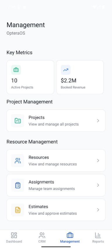 OpteraOS Mobile App - Management