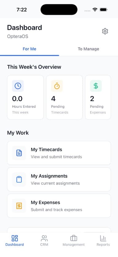 OpteraOS Mobile App - Dashboard